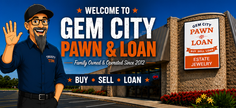 Picture of a pawn shop store front with a cartoon image of a person waving